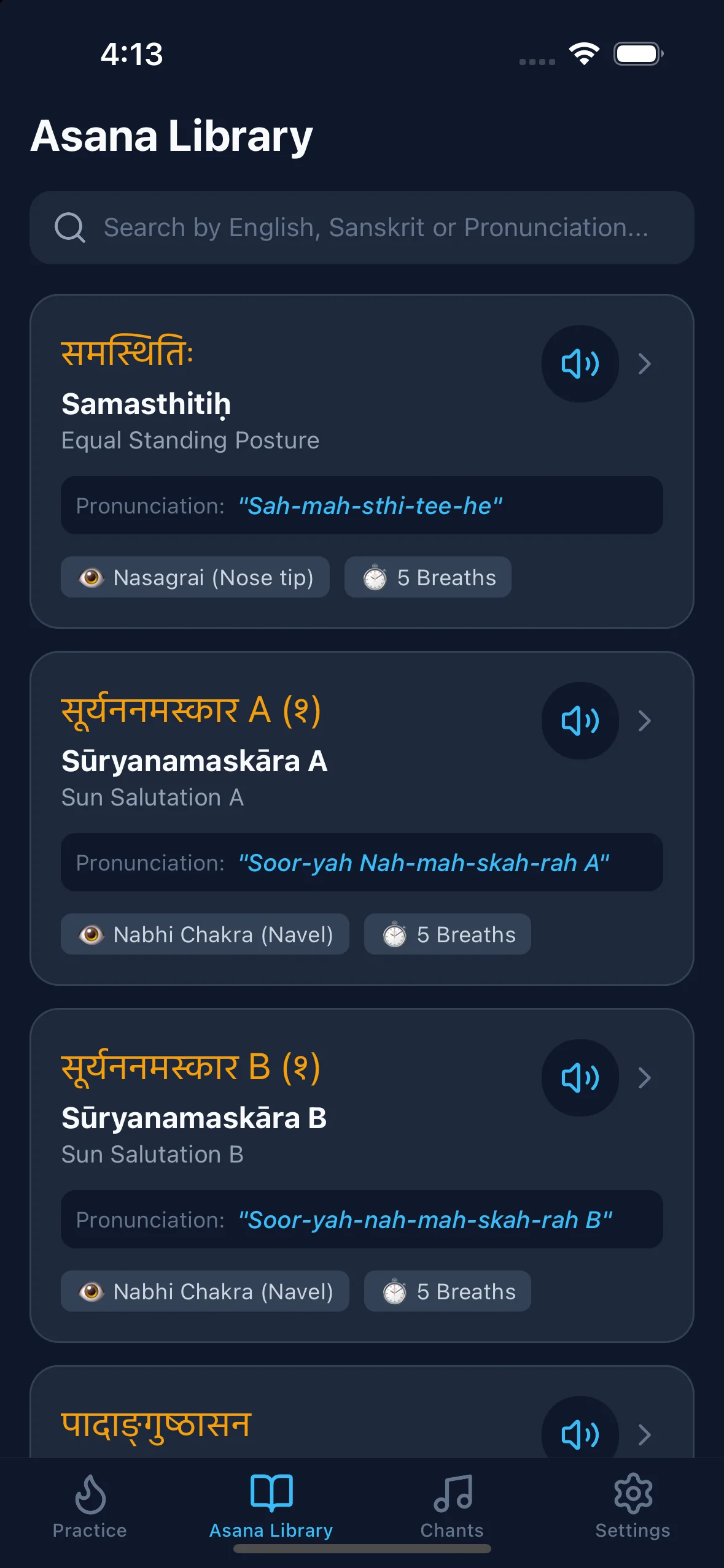 Searchable Ashtanga Yoga Asana Library showing Surya Namaskara, Sanskrit pronunciation guides, and drishti tags