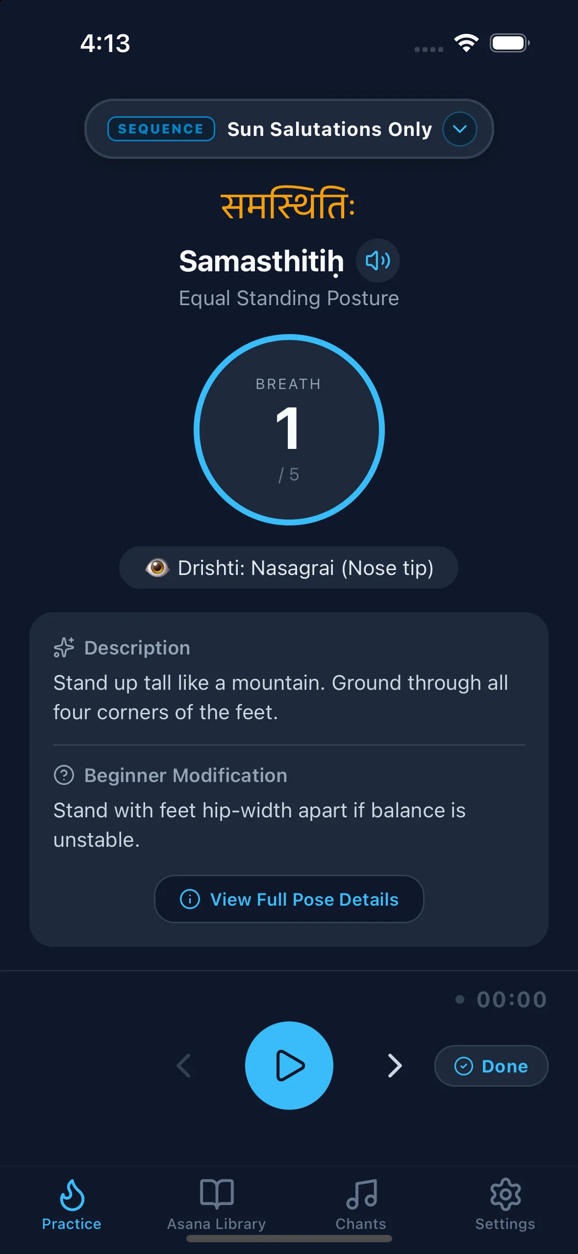 My Ashtanga Yoga Practice guided practice screen featuring real-time breath counter ring, Devanagari Sanskrit pose name Samasthitih, Drishti gazing guide, and audio controls