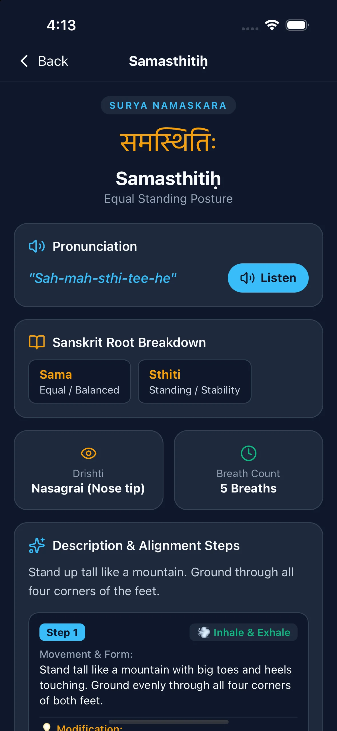 Ashtanga yoga detailed pose alignment view with Sanskrit root breakdown, breath synchronization, and beginner modifications