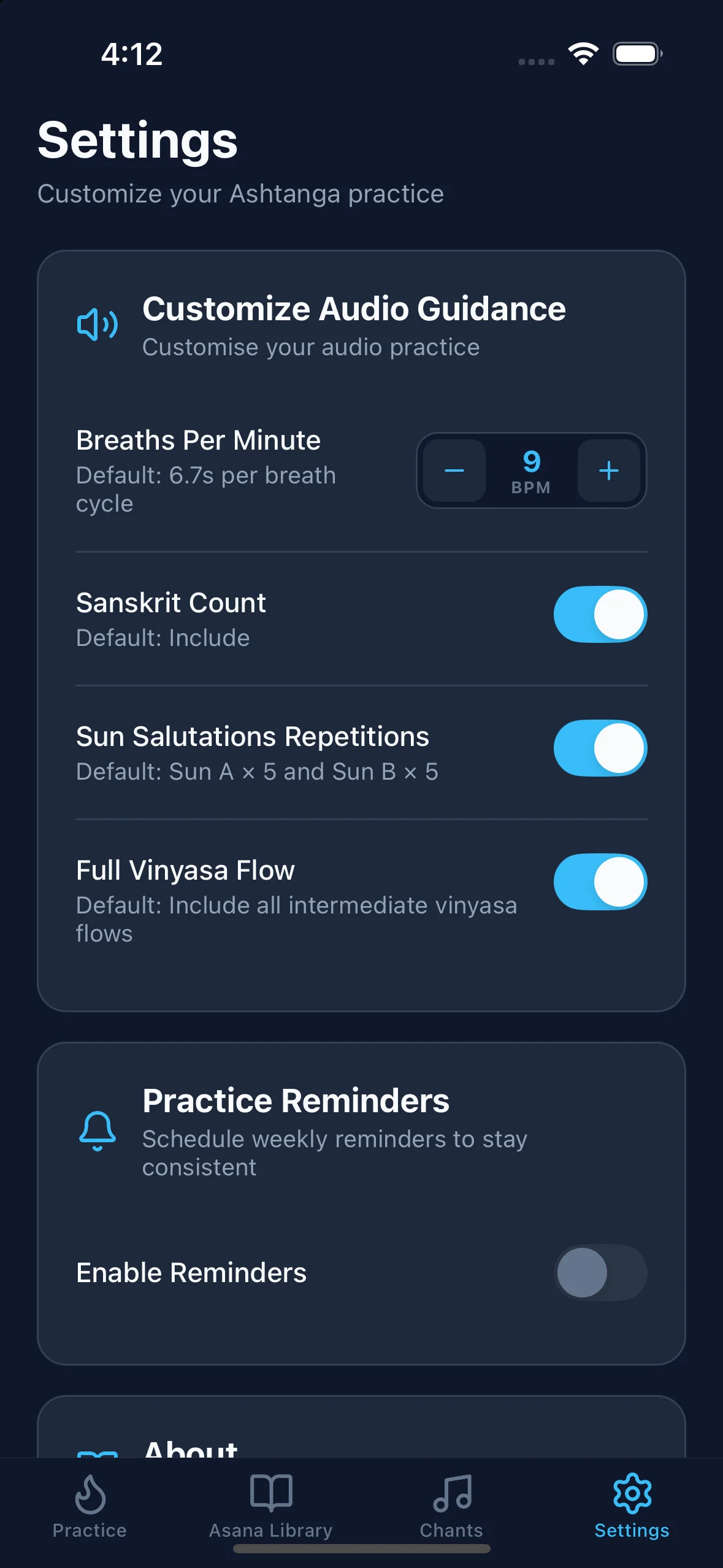 My Ashtanga Yoga Practice settings screen with breath cadence BPM slider, Sanskrit vinyasa counting toggle, and practice reminders